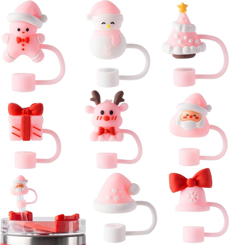 YuJoyC 8Pcs Silicone Christmas Straw Covers Cap for Stanley Cup 30&40 Oz Cup, Reusable Straw Toppers for Stanley Cup Accessories Tumbler with Handle for Water Bottle - Image 1